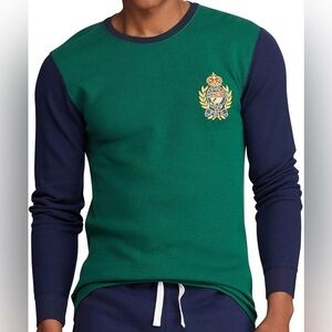 Polo Ralph Lauren Crest Embroidered Waffle Long Sleeve Tee Green/Blue Mens Large